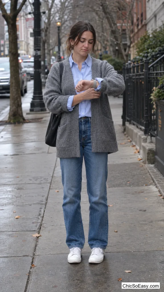Oversized Cardigan Over an Oxford Shirt