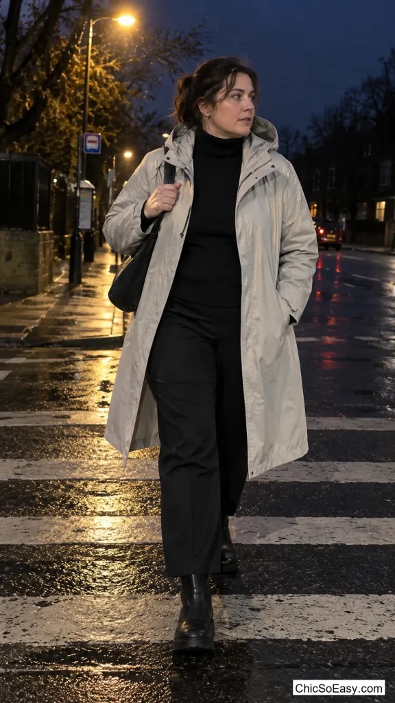 Pale Stone Raincoat Over All Black