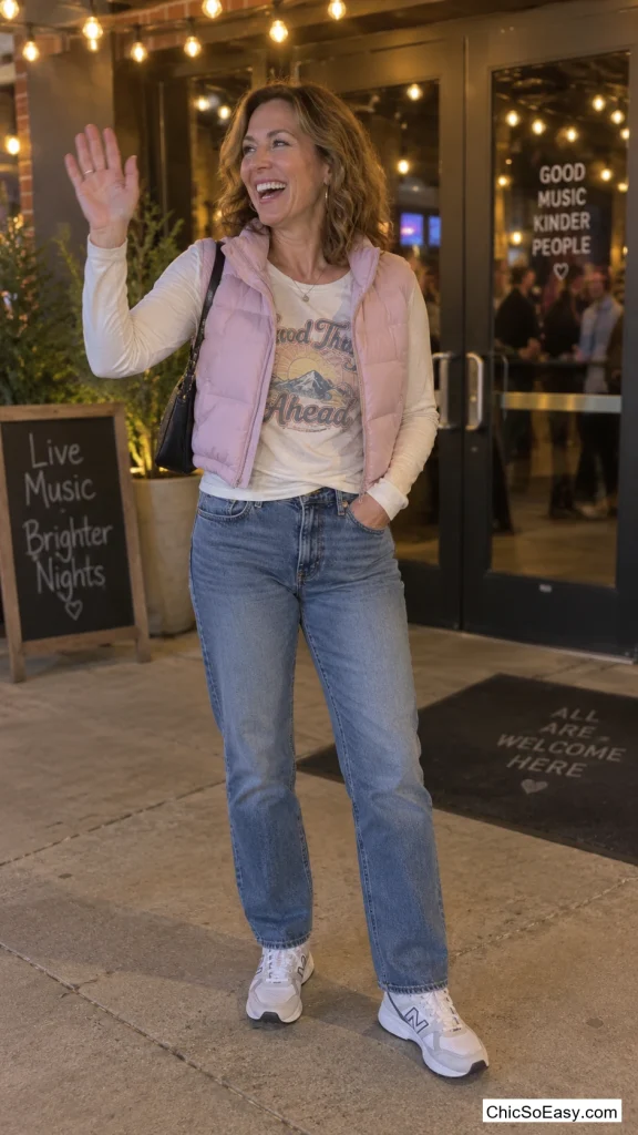 Pastel Puffer Vest Over a Long-Sleeve Graphic Tee
