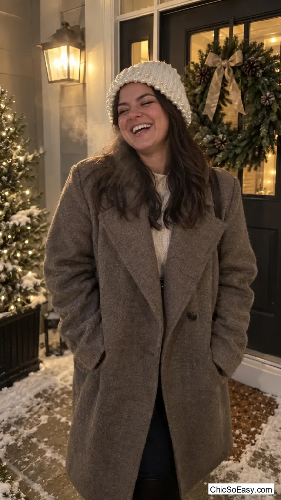 Pearl-Trimmed Beanie with an Oversized Wool Coat