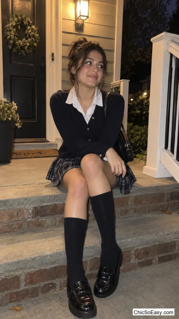 Plaid Skirt with a Buttoned Cardigan