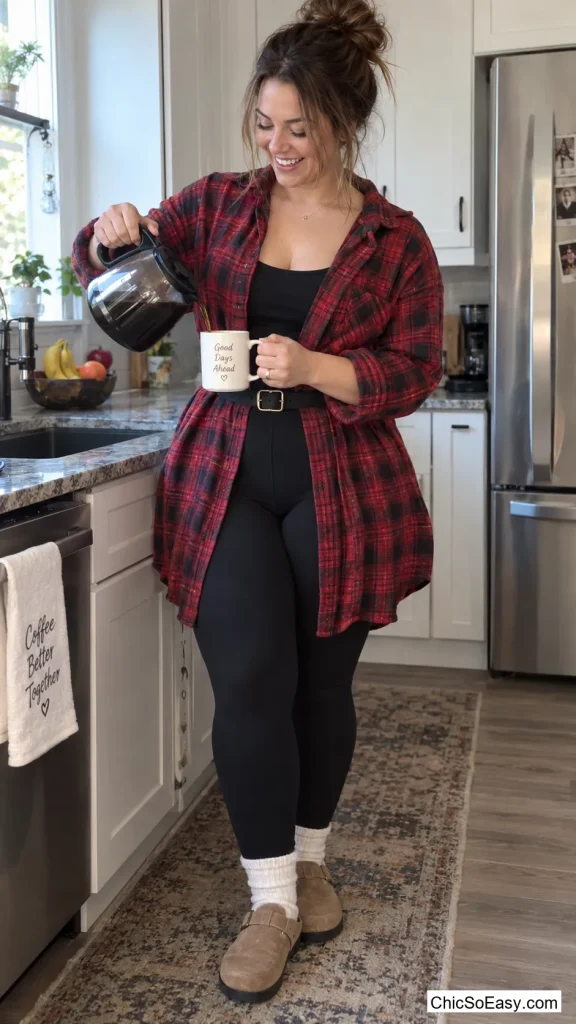 Ponte Leggings Layered Under a Flannel Shirtdress