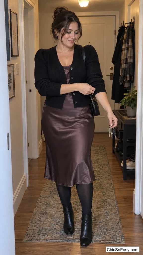 Puff-Sleeve Cardigan Buttoned Over a Slip Dress