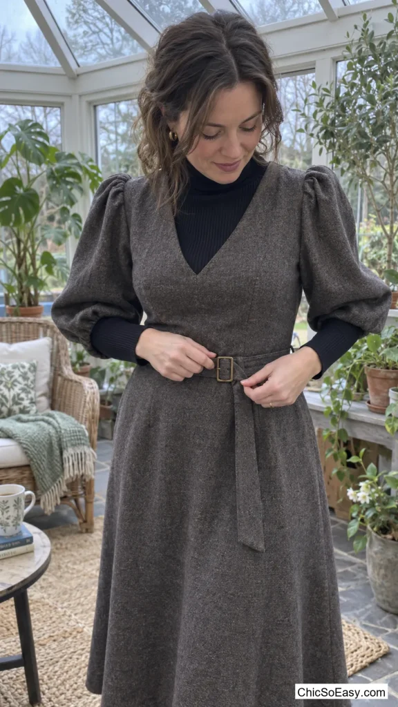 Puff-Sleeve Wool Dress Belted Over a Turtleneck