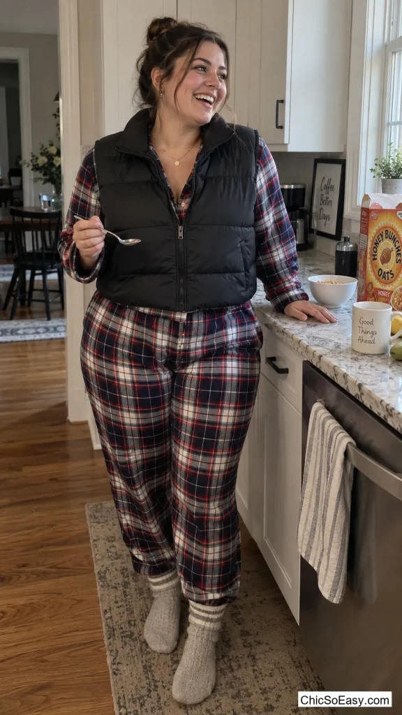 Puffer Vest Over Flannel Pajamas