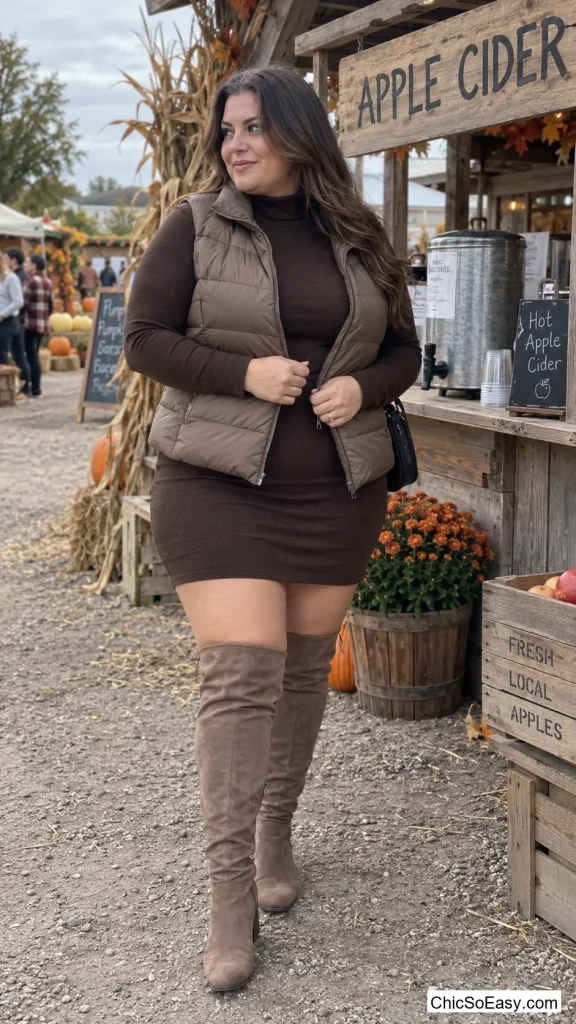 Puffer Vest Over a Turtleneck Dress
