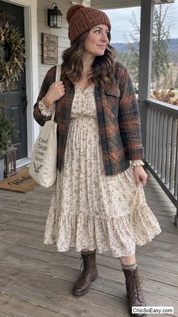 Quilted Flannel Shirt Jacket Over a Prairie Dress