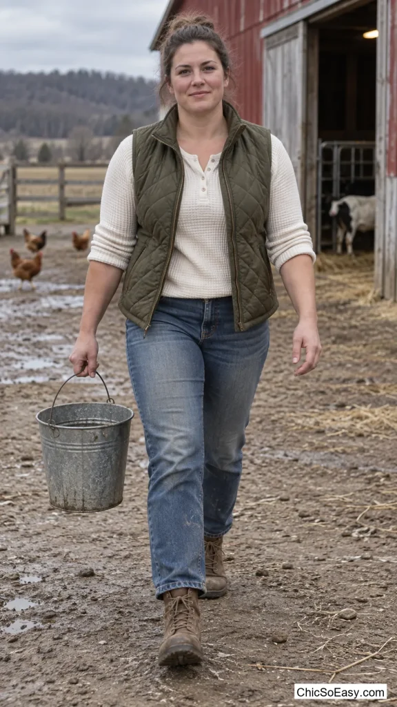 Quilted Vest Layered Over a Long-Sleeve Waffle Top for a Barn-Chore Look