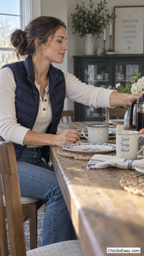 Quilted Vest Over a Waffle-Knit Henley