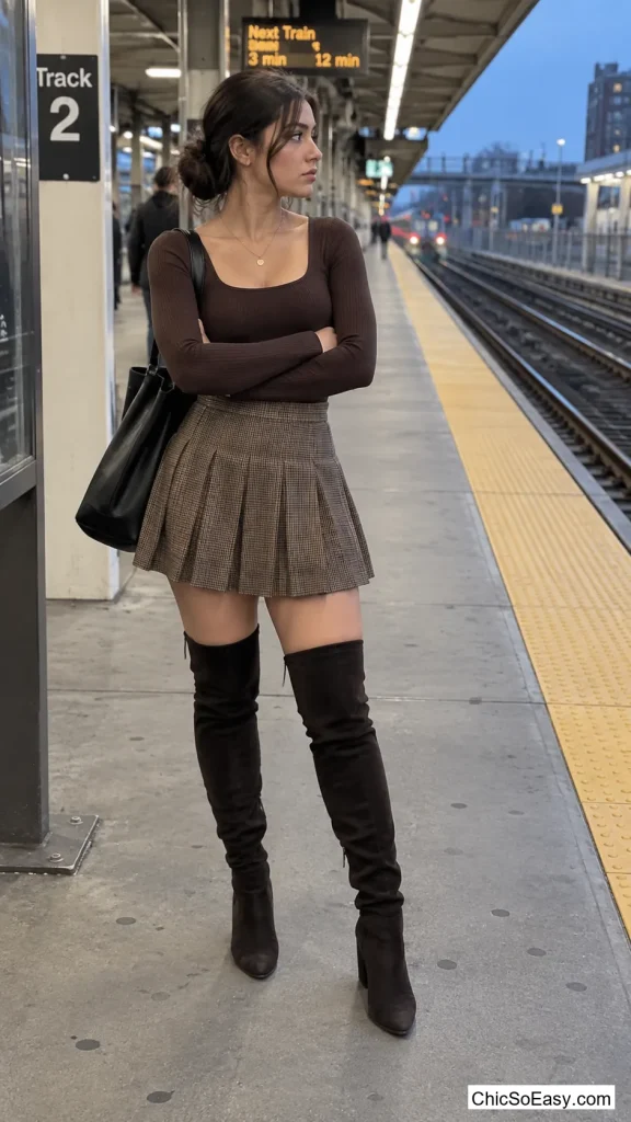 Ribbed Bodysuit Under Pleated Mini