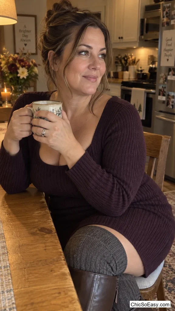 Ribbed Sweater Dress with Knit Thigh-High Socks