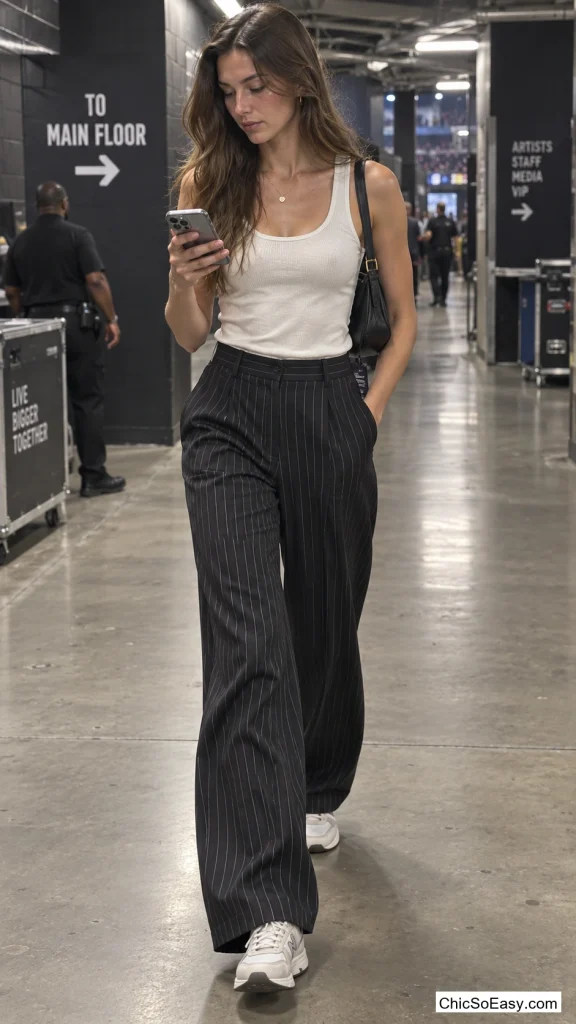 Ribbed Tank Tucked Into Pinstripe Trousers