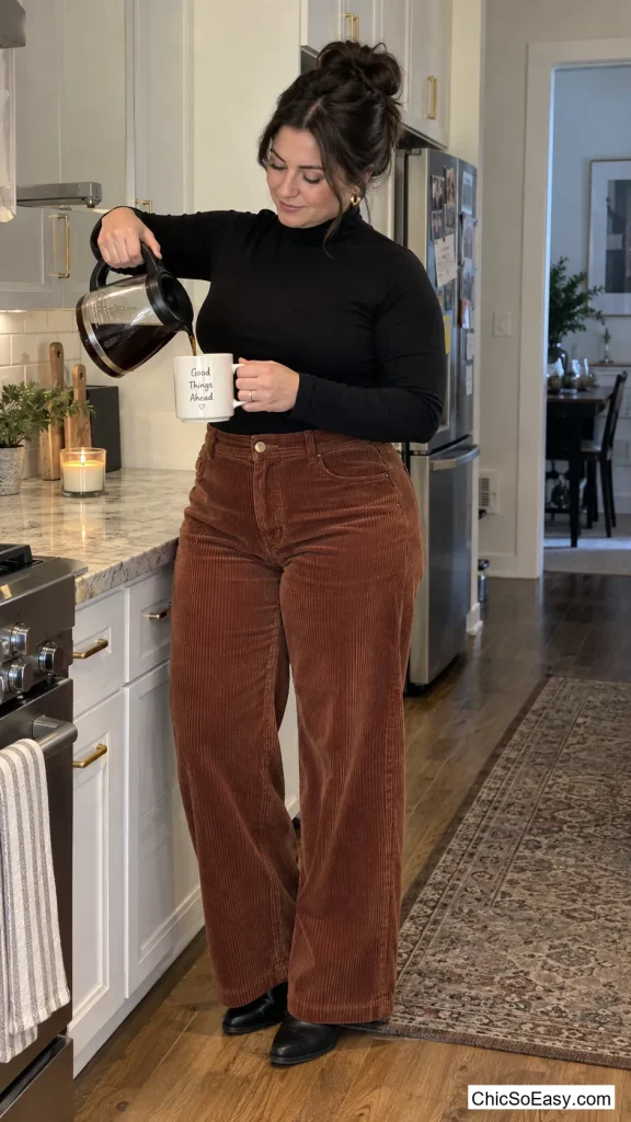 Rust Corduroy and Black Turtleneck