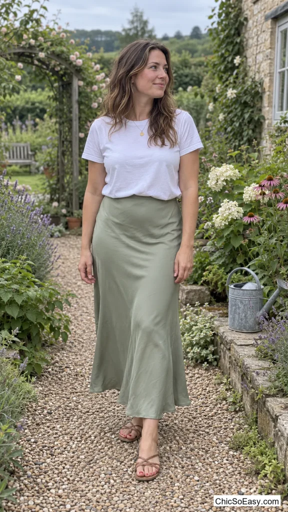 Sage Slip Skirt and White Tee