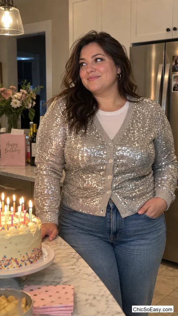 Sequin Cardigan Buttoned Over a Plain White Tee and Jeans