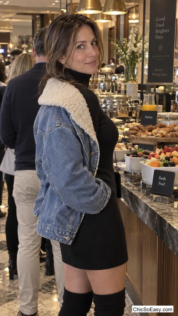 Shearling-Lined Denim Jacket Over a Ribbed Turtleneck Dress