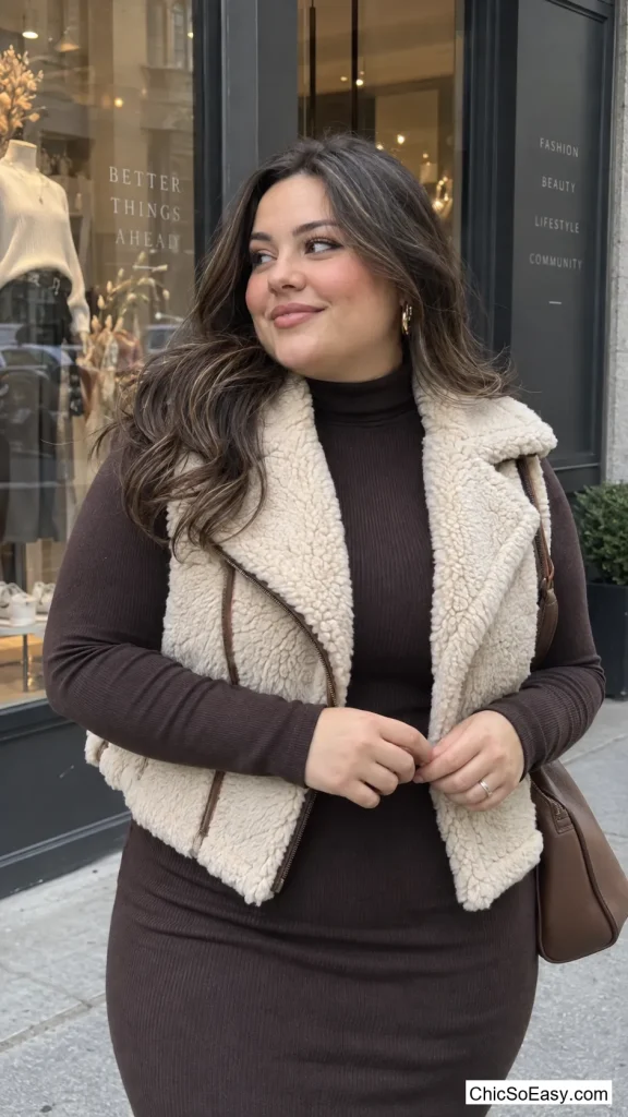 Shearling Vest Over a Turtleneck Dress