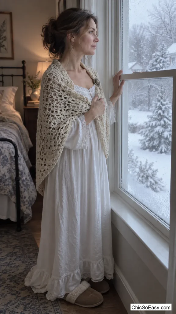 Sherpa-Lined Slippers with a Floor-Length Nightgown and Knit Shawl