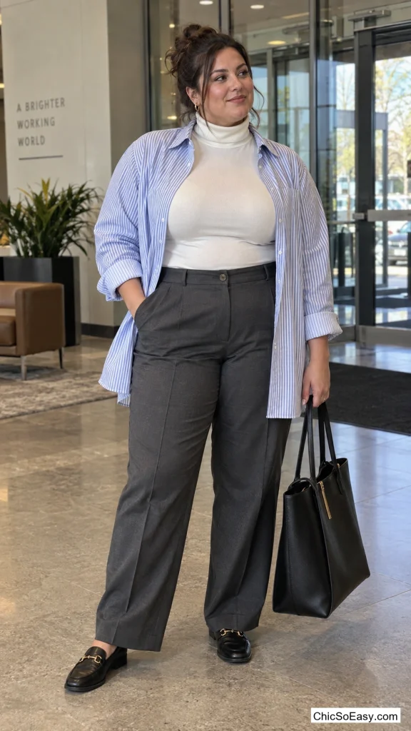 Shirt Worn Like a Cardigan Over Trousers