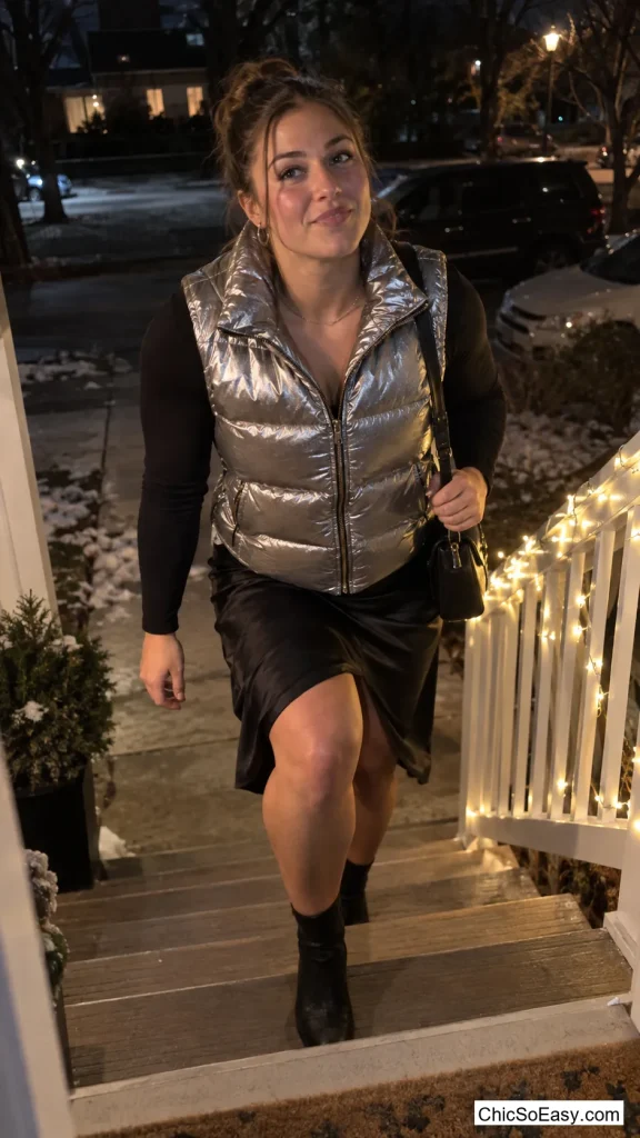 Silver Puffer Vest Over a Slip Skirt
