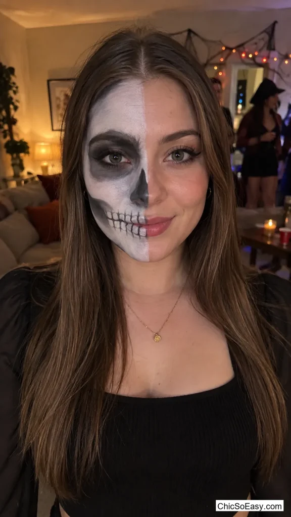 Skeleton Half-Face, Blended Into Normal Makeup on the Other Side