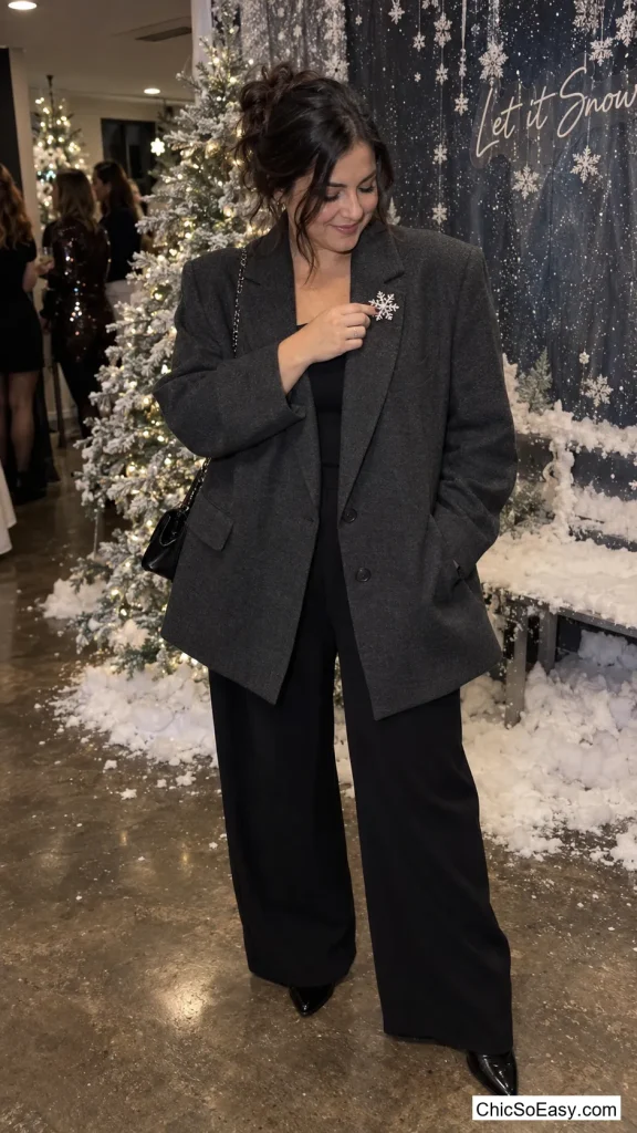 Snowflake Brooch Pinned to a Thrifted Wool Blazer