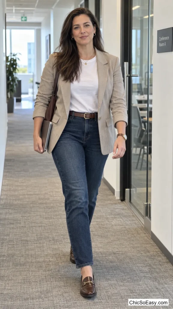Stone Blazer, White Tee, the Same Dark Denim