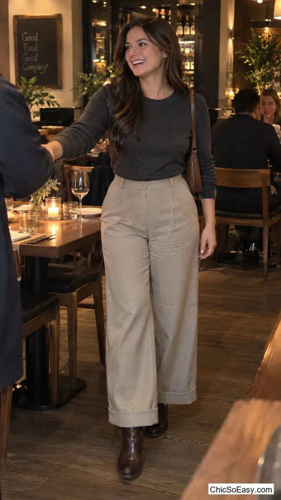 Stone Trousers Cuffed Once Over the Ankle Boots
