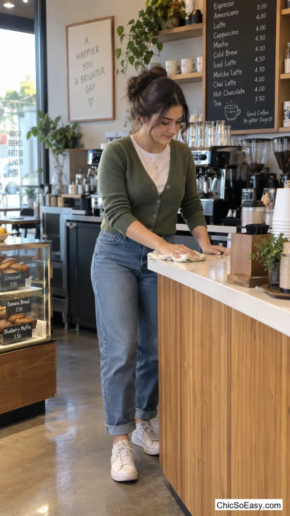 Straight-Leg Jeans Cuffed Once, Cropped Cardigan on Top