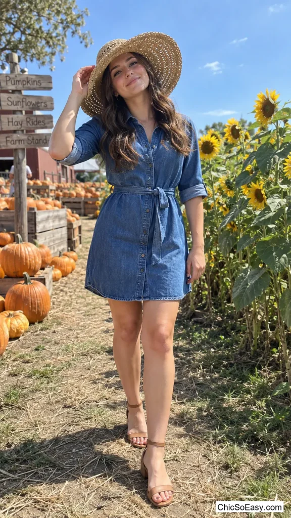 Straw Hat With a Denim Dress