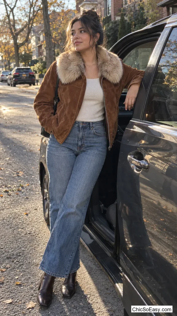 Suede Jacket with Clip-On Fur Collar