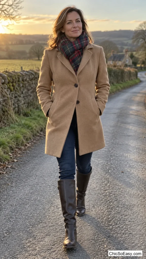 Tartan Scarf Wrapped Twice Over a Camel Wool Coat