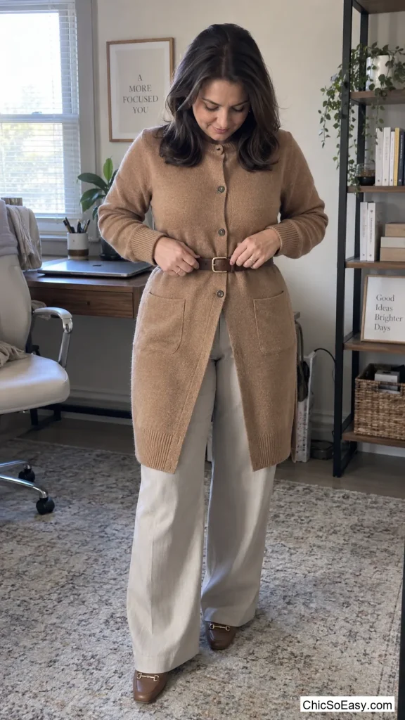 The Cardigan Buttoned All the Way and Belted