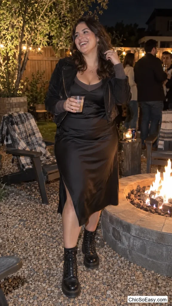 Thermal Bodysuit Under a Slip Dress With Combat Boots