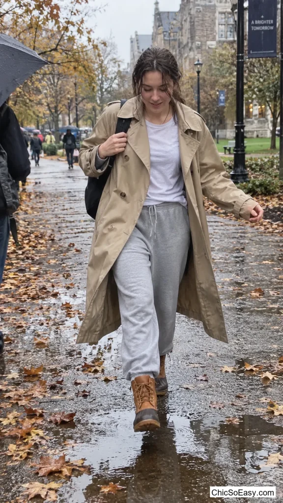 Trench Coat Over Sweats and Duck Boots