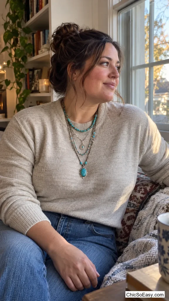 Turquoise Layers Over Crewneck Sweater