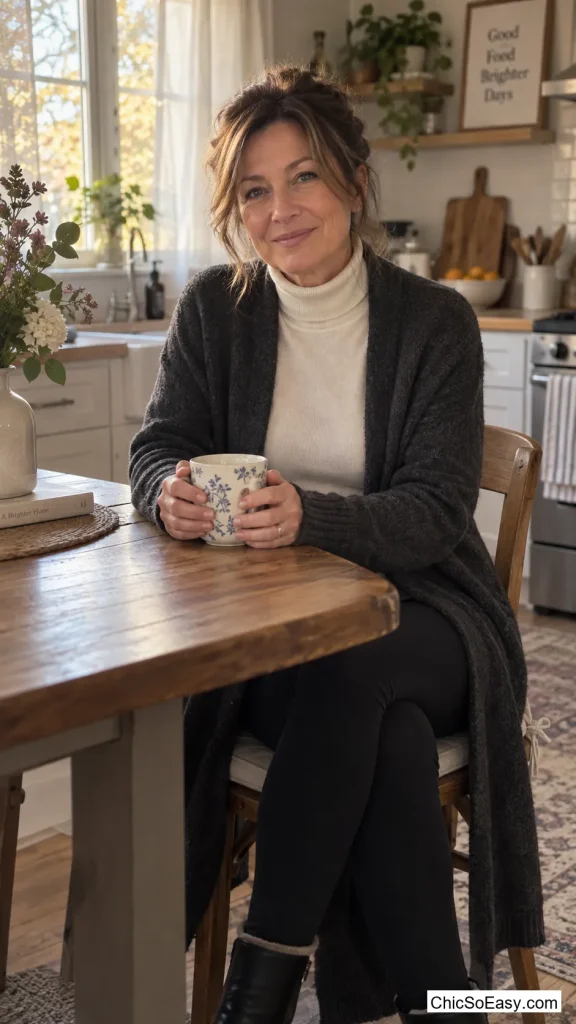 Turtleneck Layered Under a Long Cardigan with Leggings