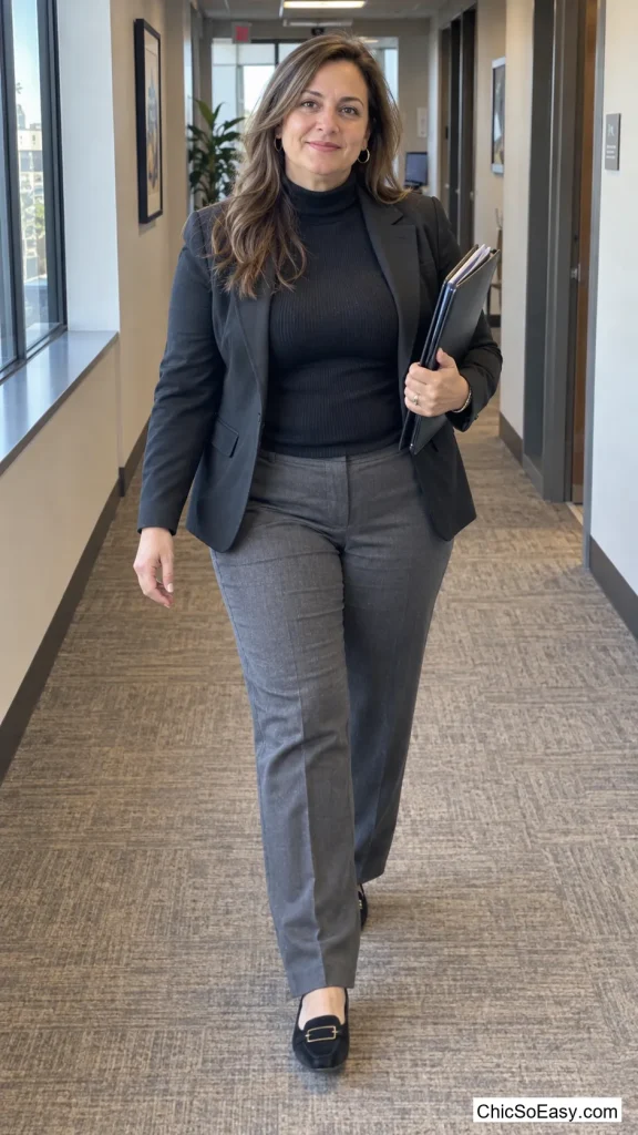 Turtleneck Under a Blazer, Straight Trousers Below