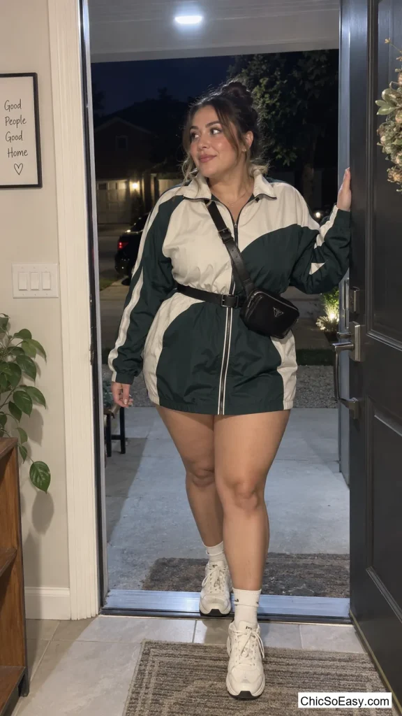 Two-Tone Track Jacket Dress with Belt Bag