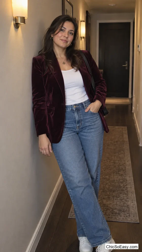 Velvet Blazer With Straight-Leg Jeans