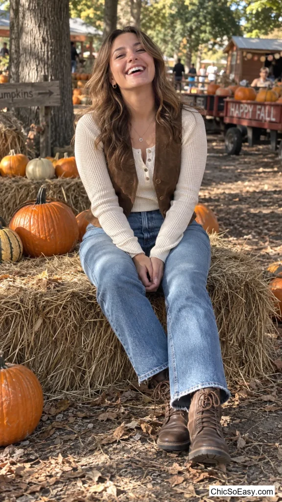 Waffle-Knit Henley Under a Suede Vest