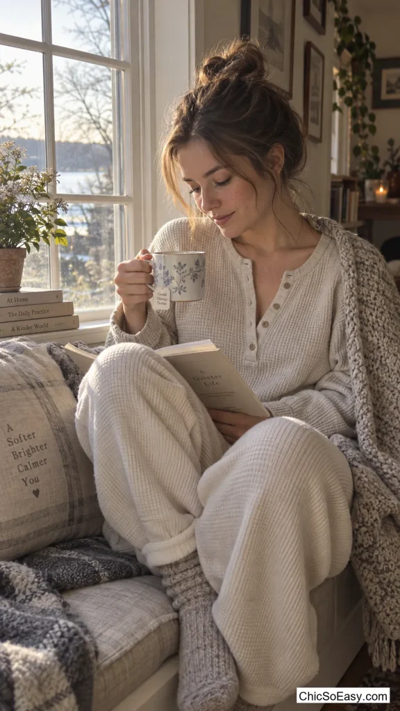 Waffle-Knit Henley with Wide-Leg Thermal Pants