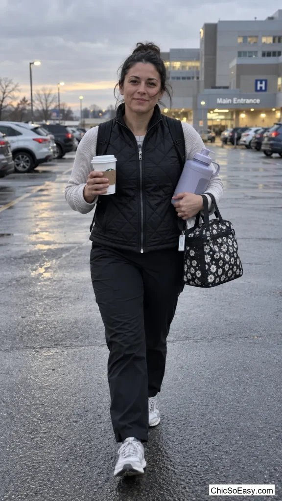Waffle Tee Under a Quilted Vest