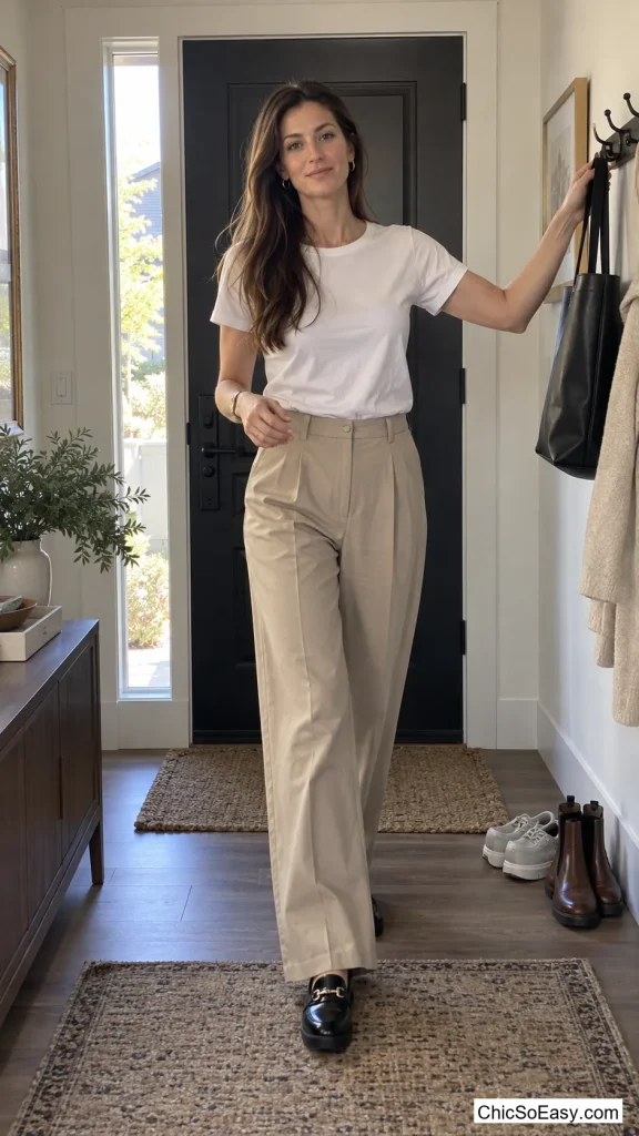 White Tee Tucked Into Stone Wide-Leg Trousers