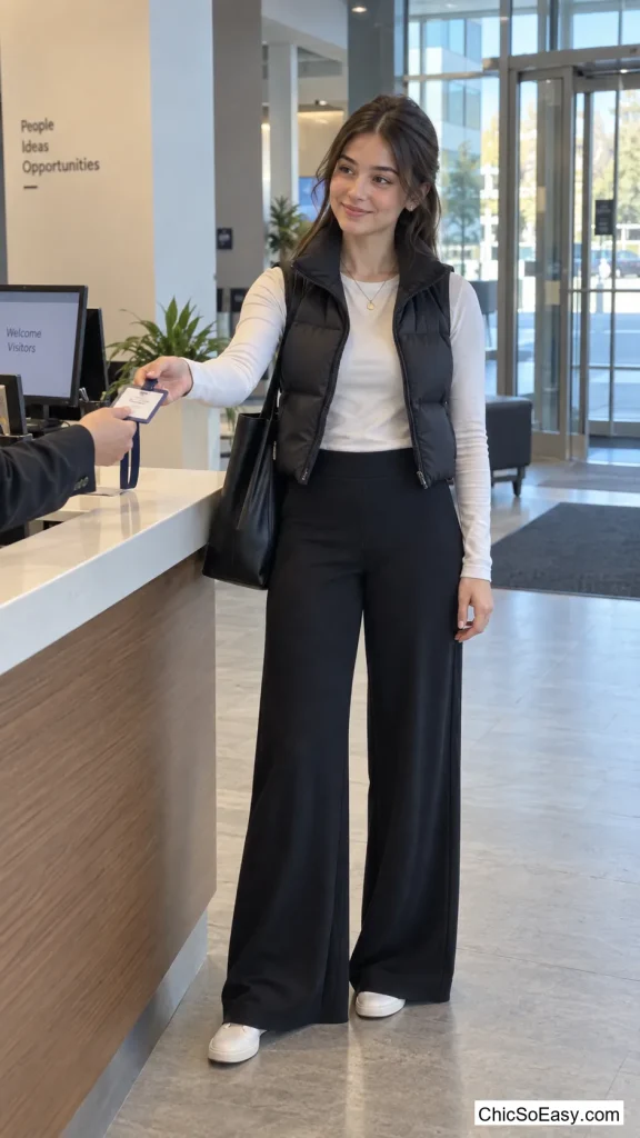 Wide-Leg Ponte Pants With a Cropped Puffer Vest