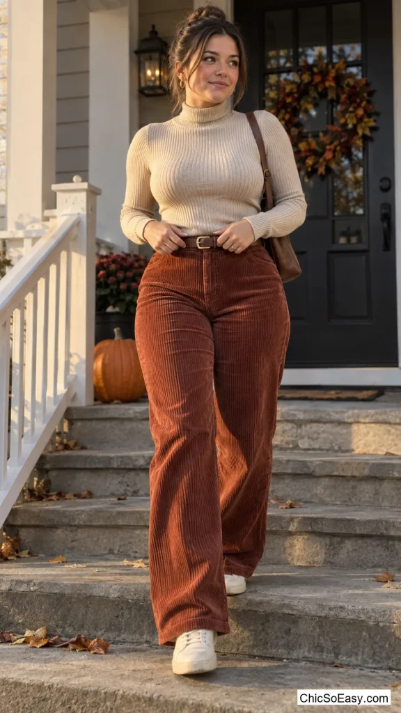 Wide-Wale Corduroy Trousers With a Ribbed Turtleneck
