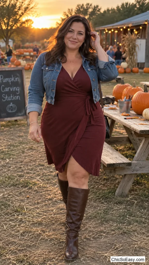 Wine Wrap Dress With Knee-High Boots