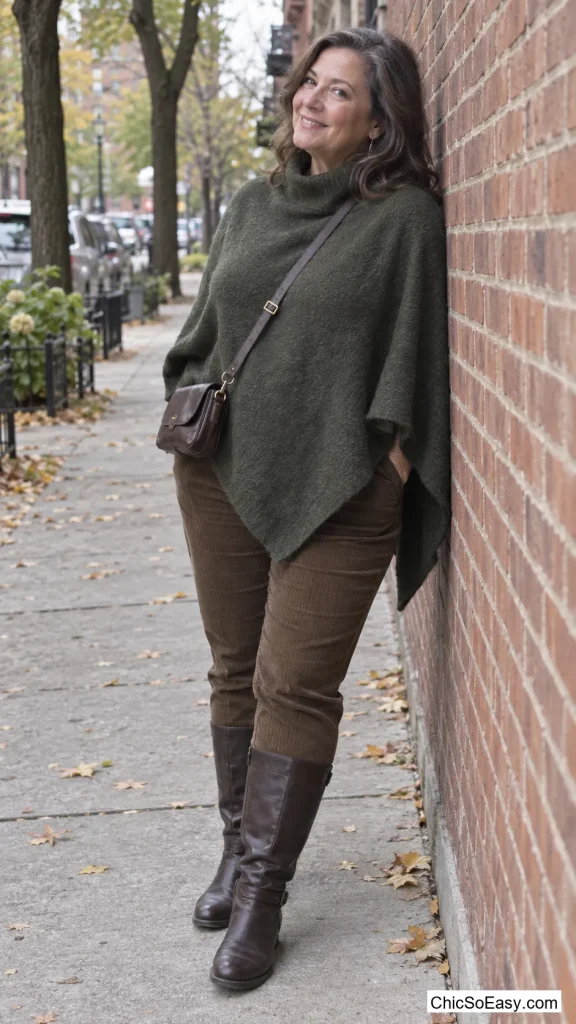 Wool Poncho Over Cords and Boots
