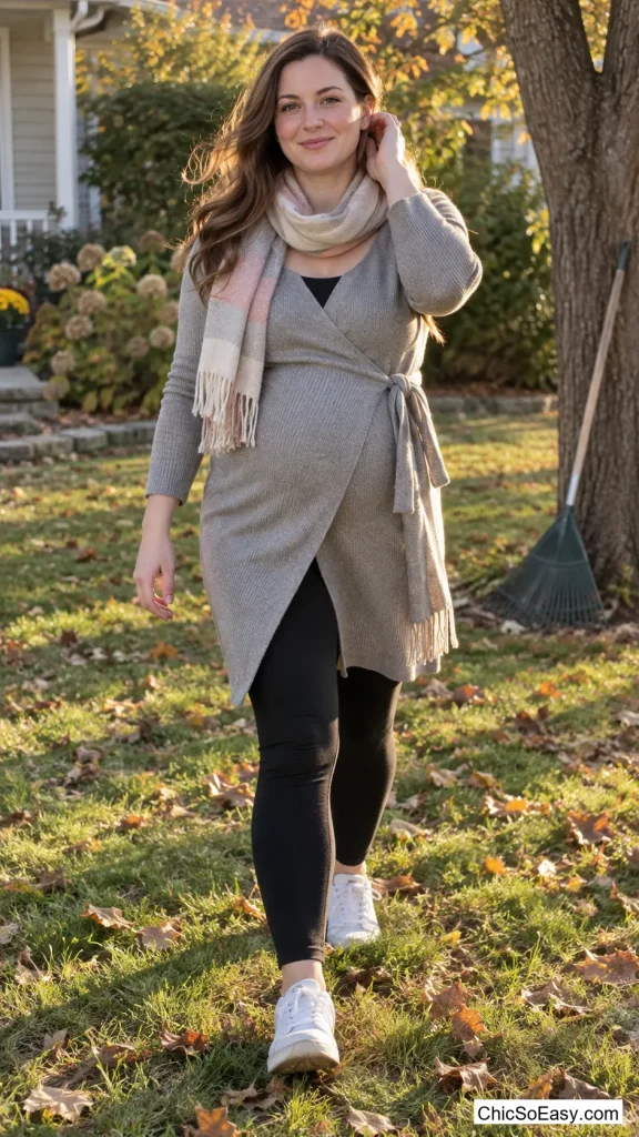 Wrap Cardigan, Leggings, and Sneakers