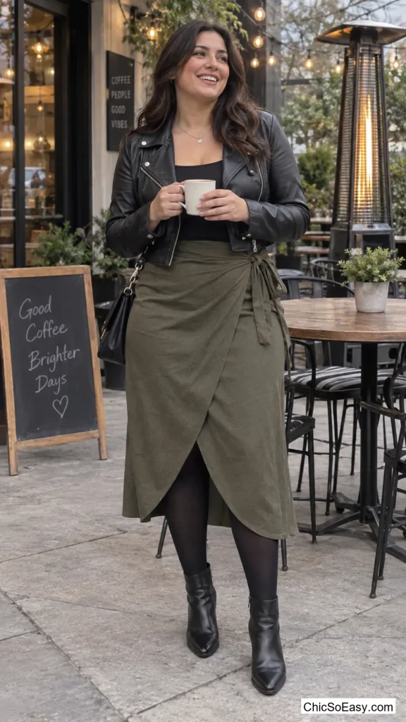 Wrap Midi Skirt and a Cropped Moto Jacket